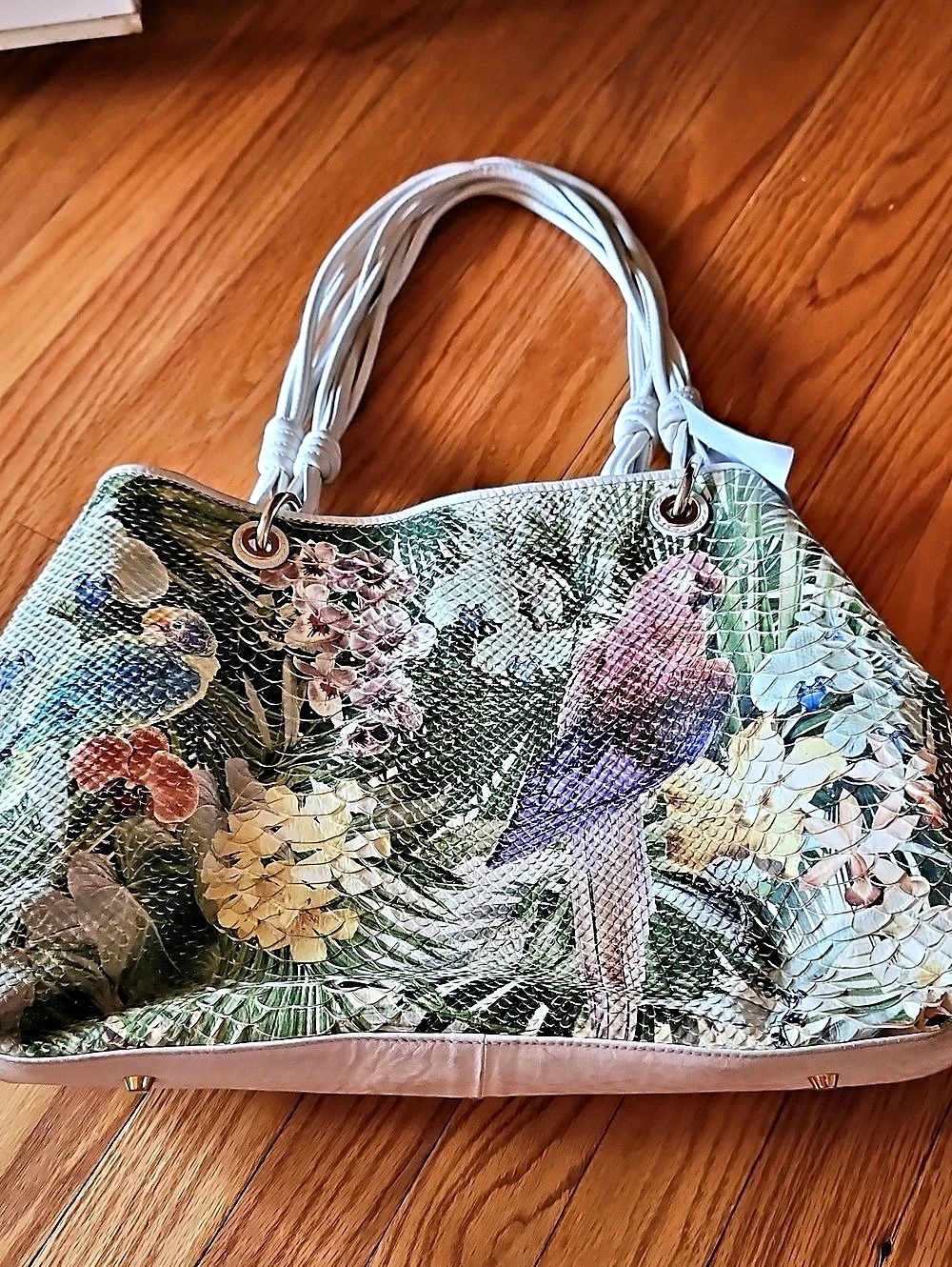 Paolo Masi Leather Floral Tote in Green & Pink